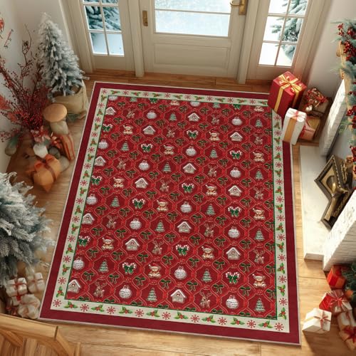 Tapete decorativo rojo 5x7 pies lavable antideslizante miniatura 3