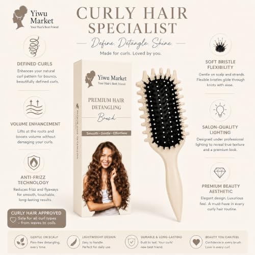 Image of Curly Curved Vented Hair Brush for Women & Men | Hollow Airflow Comb | Flexible Detangling Bristles with Comfortable Grip Handle | Blow-Dry Support & Scalp Massage Brush (Beige)
