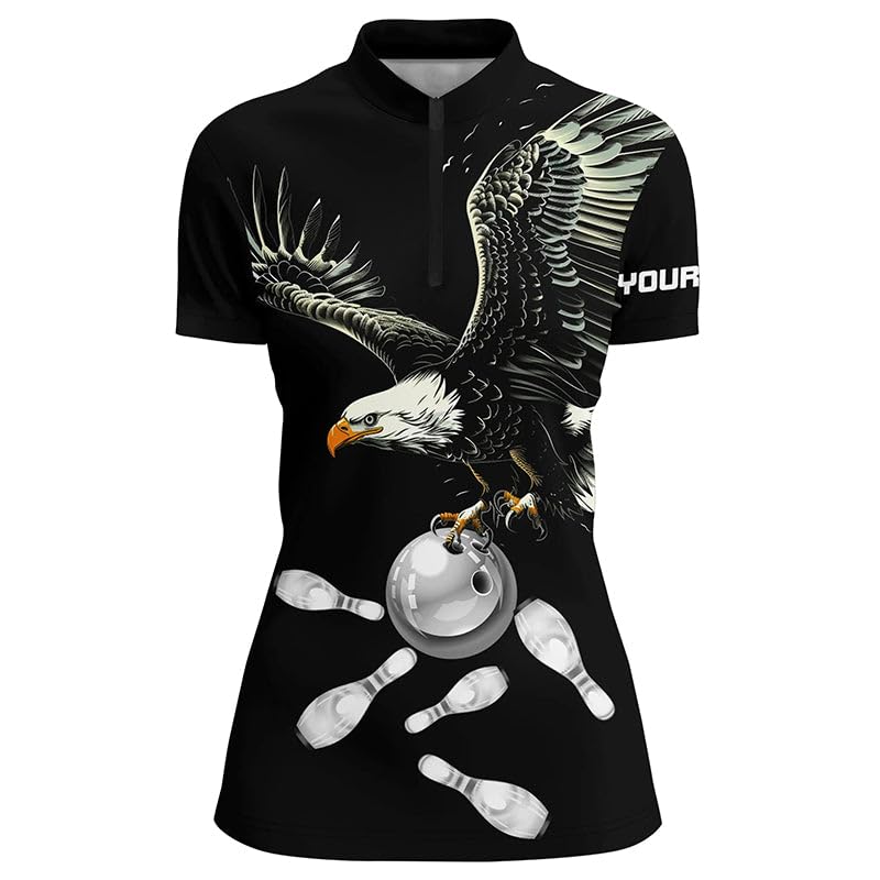 Schwarz-Weißes Bowling-Shirt für Herren & Damen mit Polo & Viertelreißverschluss, benutzerdefiniertes Eagle Team-Bowling-Shirt, Geschenk für Bowler N7405