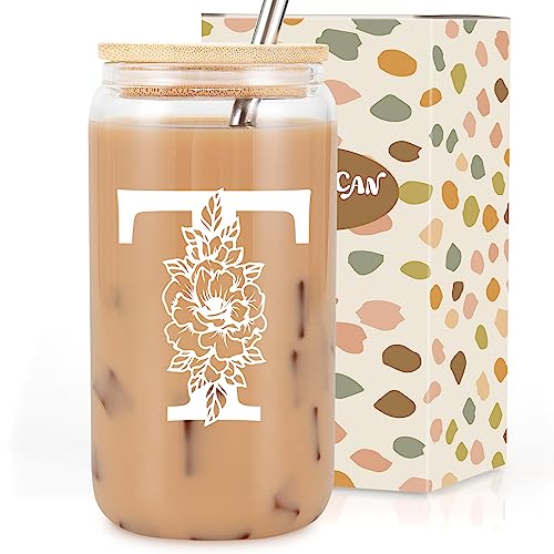 Image of Coolife Initial Glass Cup, Monogrammed Gifts for Women, 16 oz Tumbler w /Lid | Iced Coffee Smoothie Beer Tumbler w /Straw Lid - Personalized Christmas, Birthday Gifts for Woman Her Mom Friend