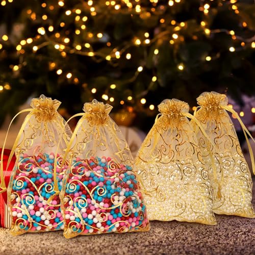 Image of Staruby Organza Gift Bags Gold Sheer Organza Bag 50Pcs 4x6 Inch and 50Pcs 5x7 Inch Mesh Favor Bags Drawstring Jewelry Rattan Printed Gift Pouches for Wedding Party Favors Couple Shower Christmas Gifts Candy Bags