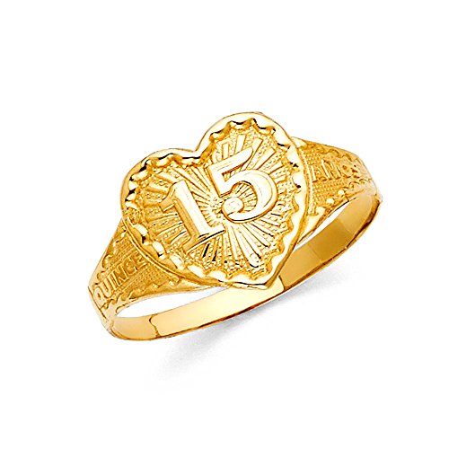 Solid 14k Yellow Gold 'Quince 15 Anos' Ring Quinceanera Birthday Design Polished Genuine