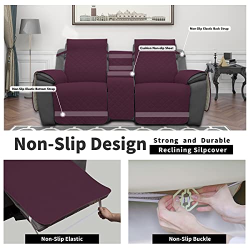 Image of Easy-Going Loveseat Recliner Cover with Console, Reversible Couch Cover for Living Room, Split Sofa Cover for Each Seat with Elastic Straps for Kids, Dogs, Pets(2 Seater, Wine /Beige)