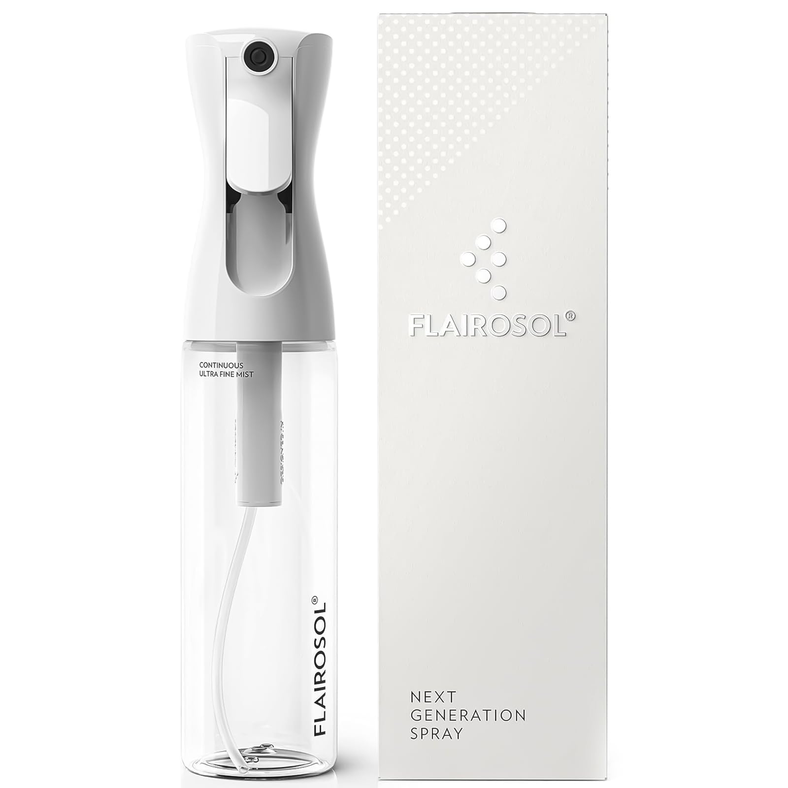 FLAIROSOL Flacone Spray Nebulizzatore per Capelli Ricci 300ml, Spruzzino Acqua Continua Fine per Barbiere/Parrucchiere - Ricaricabile, per pulizia/Piante/Animali Domestici(Trasparente, Stampa Nera)