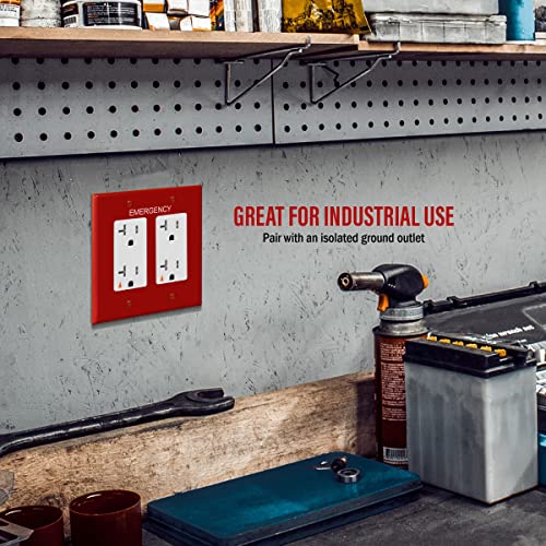 Image of ENERLITES 2-Gang Red Mid-Size Decorator Switch Outlet Wall Plate Cover | Emergency Label, 1 Pack, Size 4.88 inchx4.92 inch, Fits switch /outlet /receptacle, Gloss, Durable Polycarbonate, UL Listed