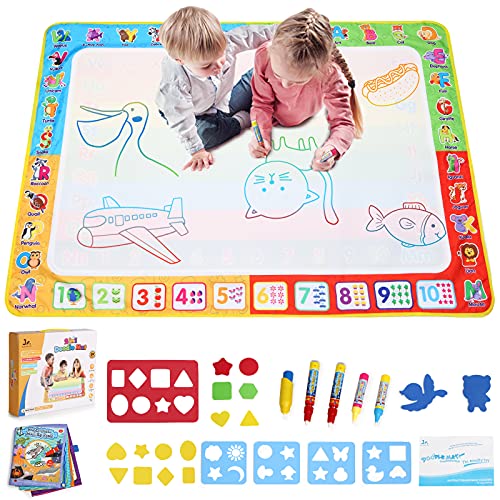 SainSmart Jr. Water Doodle Mat 43x32 Inches with Extra Drawing Book, Large Aqua Magic Mat for Toddler, 2 in 1 Educational Coloring Painting Writing Pad, No Mess Toys for 3 4 5 6 7 8 Years Kids