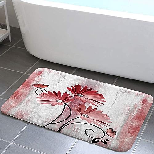 VeiVian Rustic Farmhouse Bath Mat, Farm Red Daisy Floral Flowers Butterfly Country Wooden Bath Rug for Bathroom, Grey White Bath Mat Soft Non Slip Bath Rugs, 17X29IN