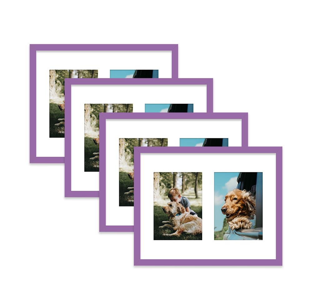 Purple Multi Photo Frame - Holds 2 x 7x5 Pictures, Family Collage Picture Frame for Wall Display, 14x11 Frame size, Set of 4