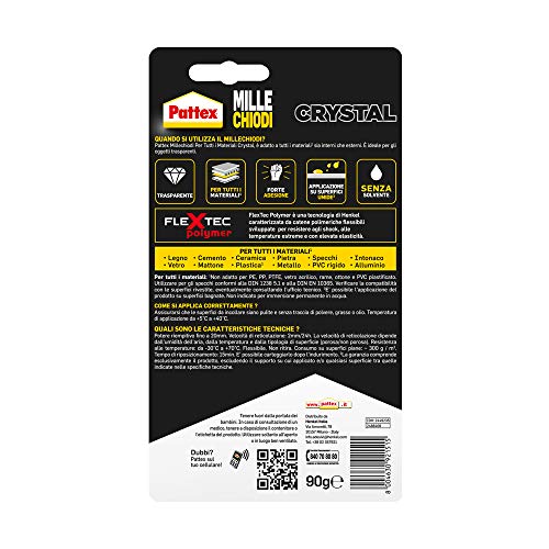 Pattex Millechiodi Crystal Adhesive Sealant Ideal for Glass and Mirrors, Premium Mounting Sticker, Powerful Glue for Many Materials, 1 x 90G Blister Pack