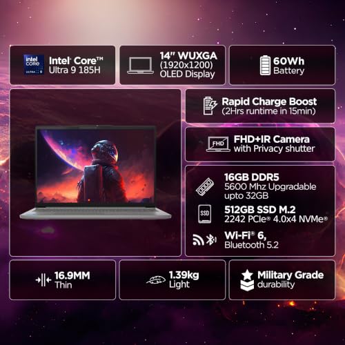 Image of Lenovo IdeaPad Slim 5 Intel Core Ultra 9 185H (16GB RAM /512GB SSD /WUXGA OLED /14 inch (35.56cm) /Windows 11 /Microsoft 365 Basic + Office Home 2024 /Backlit Keyboard /Metal Body /Grey /1.39Kg), 83V6005LIN