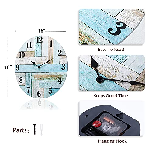 NIKKY HOME 16 Inch Beach Teal Wall Clock, Rustic Silent Noiseless Spliced Wooden Coastal Nautical Battery Operated Clock for Bathroom, Kitchen - Image 5
