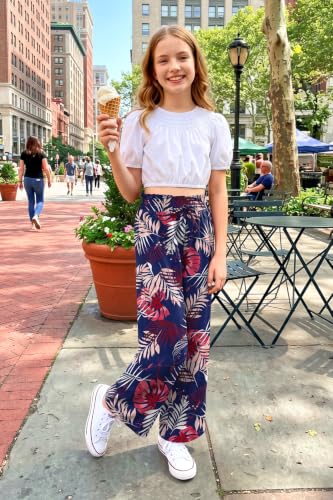 Image of Girls Summer Floral Wide Leg Pants High Waisted Flowy Dress Trousers with Pockets for School Lounge Beach 5-14 Years