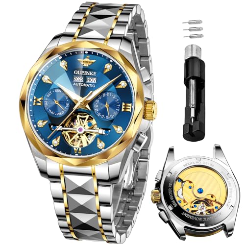 Image of OUPINKE Automatic Watch for Men Self Winding Skeleton Mechanical Luxury Tungsten Steel Bracelet Waterproof Date Day Wrist Watches