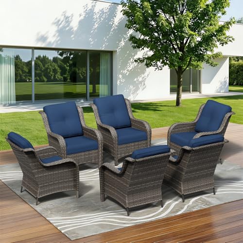 Image of 6 Piece Outdoor Wicker Patio Furniture Set, Patio Chairs Set with Thickened Olefin Cushions, High Back and Deep Seating, Hand-Woven PE Rattan for Porch, Deck