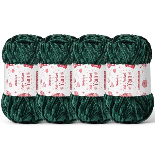 Image of 4x100g Fluffy Velvet Chenille Yarn for Crocheting and Knitting, 4x80m (87.5yd) Baby Yarn for Crocheting Soft, Crochet Chunky Yarns Amigurumi Yarns (4 Army Green)