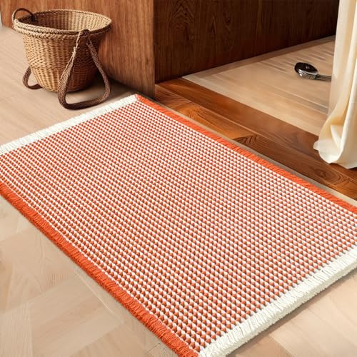 IM HOME Waffle Bath Mat Orange & Cream 24"x17", Boho Woven Modern Bath Mat Rugs, Absorbent Non Slip Bathroom Rugs, Soft Washable Bath Rugs with Tassels for Bathroom, Bedroom, Kitchen, Shower, Tub