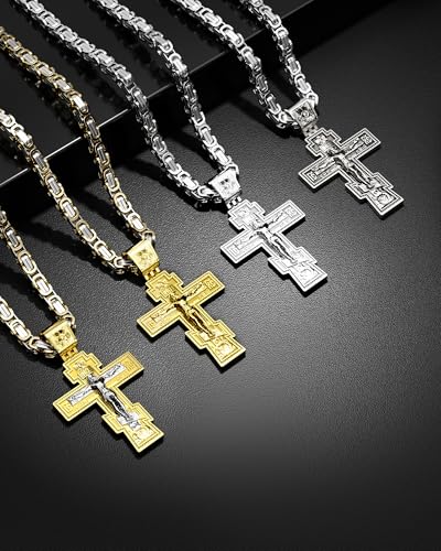 Orthodox Cross Necklace for Men and Women, Antique Silver/Silver/Gold/Gold Silver Tone, Christian Jewelry, Only Pendant/Round Box/Byzantine Chain Match4