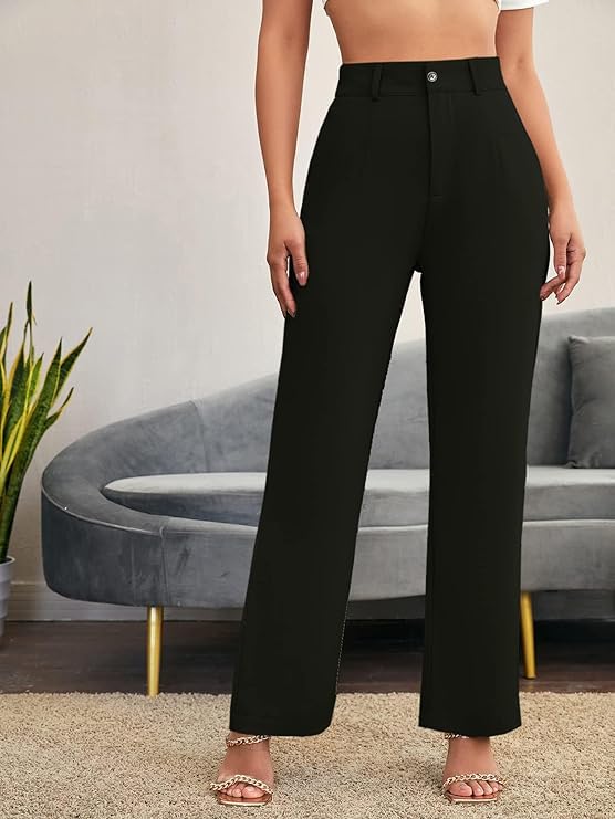 Image of Women's Poly Cotton Trousers Pants Relaxed Fit Boot Cut Ribbed Bell Bottom Trousers for Women