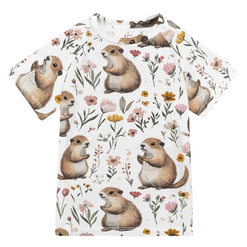 ALAZA Boys Swim Shirts Toddler Rash Guard Short Sleeve Rashguard Groundhogs Flowers UPF 50+ 11-12T