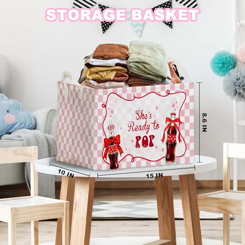 Image of Shes Ready To Pop Baby Shower Decorations,Pink Storage Baskets,Ready To Pop Nursery Decor,Large Square Canvas Laundry Hamper With A Waterproof PE Coating,Foldable Kids Toy Clothes Bins for Bedroom