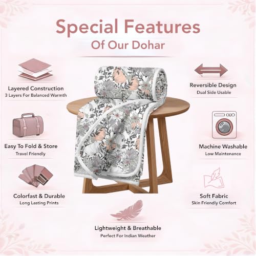 Image of Divine Casa 100% Cotton Reversible Double Bed Dohar | Soft & Lightweight AC Blanket | Summer Quilt | 220 x 205 CM, Floristry Slate & Coral