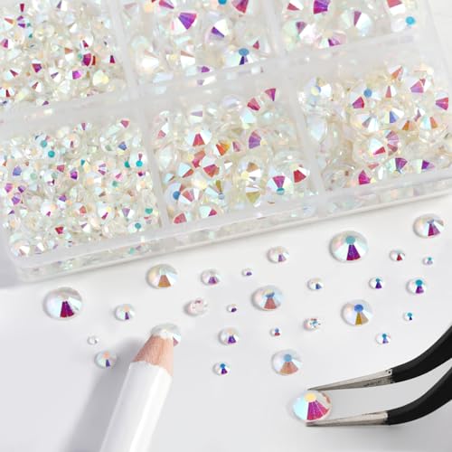 Image of Beadsland Flatback Rhinestones, Transparent AB, 8300pcs Mixed 10 Sizes | Crystal Rhinestone Round, for Crafts Nails,With Wax Pencil and Tweezers Kit , SS3-SS30