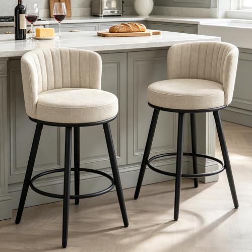 Image of Swivel Bar Stools Set, 28 inch Seat Height, Modern Design, Upholstered Barstools with Back and Footrest, Metal Legs, Suitable for Kitchen Island, Counter, Dining Room