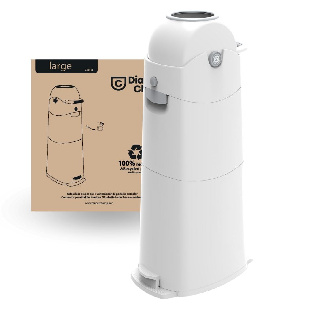 DIAPER CHAMP Classic Large - Mangiapannolini inodore - Grande capacità fino a 70 pannolini - Usa sacchetti normali - Ideale per diversi bambini nei pannolini, gemelli, asili nido, genitori ospiti