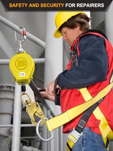 Image of 16FT Self Retracting Lifeline, Heavy Duty Fall Arrest Safety Lanyard, Dual Alloy Steel Hooks, ANSI /OSHA Compliant, Steel Wire Rope, SRL for Roofing & Construction PPE Gear