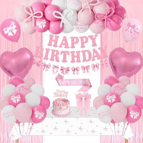 Conjunto de decoraciones de cumpleaños con lazo Happy Birthday, globos de color rosa y blanco, mantel de nudo, cortina con flecos
