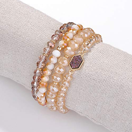 Image of Gold Beaded Bracelet Set, Square Stone Hexagon Druzy Stretch Beaded Stackable Bracelets Bangles