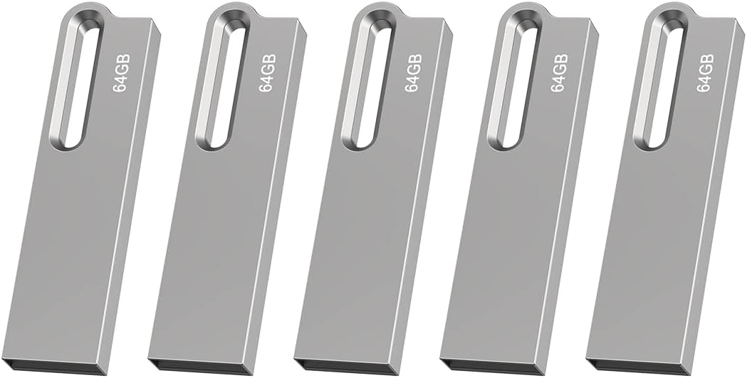 64GB Flash Drive 5 Pack Metal USB Drive Thumb Drive 64GB USB 2.0 Memory Stick Waterproof USB Flash Drives with Keychain (Silver)