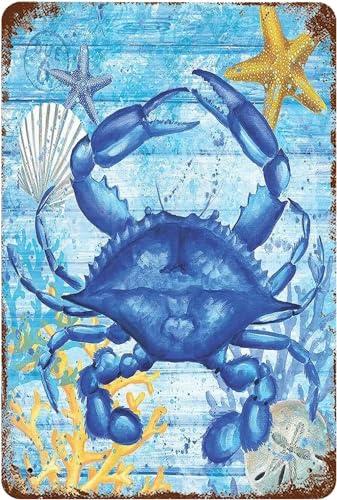 bqsjduidnc Cartel de metal de 8 x 12 pulgadas, diseño vintage de cangrejo azul, decoración de pared, estrella de mar náutica, conchas marinas, arte para el hogar, sala de estar, dormitorio, jardín