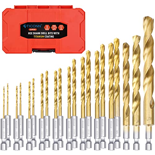 TICONN Titanium Coated Drill Bit Set with Hex Shank, 135 Degree Tip High Speed Steel Drill Bits Kit with Storage Case for Steel, Aluminum, Copper, Soft Alloy Steel