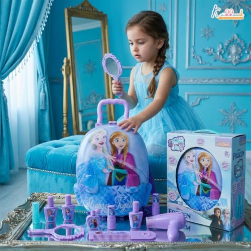 Image of Frozen 2-in-1 Backpack & Trolley Dressing Gift Set for Kids - 13 Pcs Pretend Play Makeup Kit with Electronic Dryer, Portable Beauty Vanity Suitcase for Girls Aged 3+ Years (Turkish Blue)