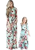 TYQQU Mère Et Fille Robe Bohème Fleur Imprimé à Manches Longues De Couleur Claire Robe De Mode Rétro Vert Clair 3-4