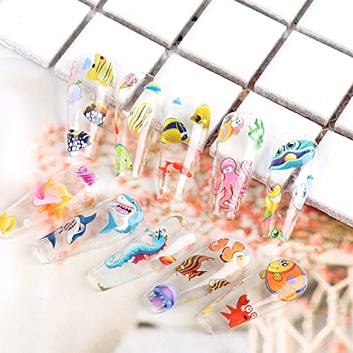 10 Sheet Cartoon Sea World Transfer Nail Sticker Decals，Cute Art Nail Sticker Diy Shark Jellyfish Octopus Set Nail Transfer Foil Nail Decoration For Women Girls #TOP4