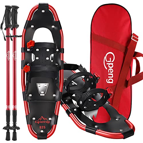 Gpeng 3-in-1 Xtreme Lightweight Terrain Snow Shoes for Women Men Youth Kids, Light Weight Aluminum Alloy Terrain Snowshoes with Trekking Poles and Carrying Tote Bag, 14"/21"/25"/27"/30"(Red, 25 inch)