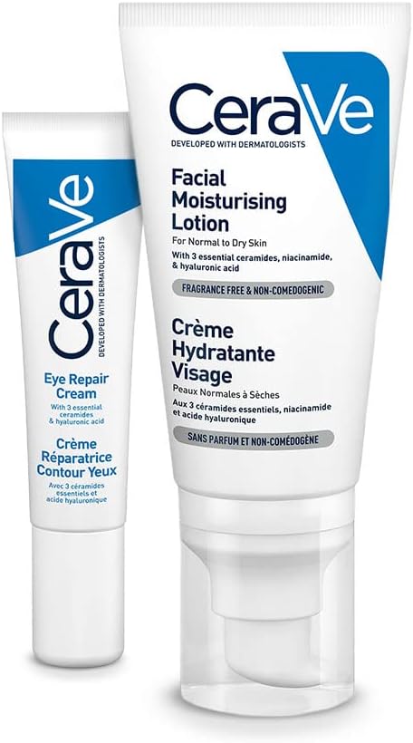 CeraVe Eye Repair Cream for Dark Circles & Puffiness 14ml & PM Daily Facial Moisturiser Lotion for Normal to Dry Skin 52ml with Niacinamide and 3 Essential Ceramides