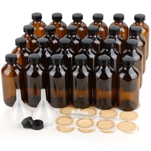 PINIWON 24 Pack 8 oz Amber Glass Bottles 240ml Boston Round Sample Bottles with Black Poly Cone Caps Labels and Funnels