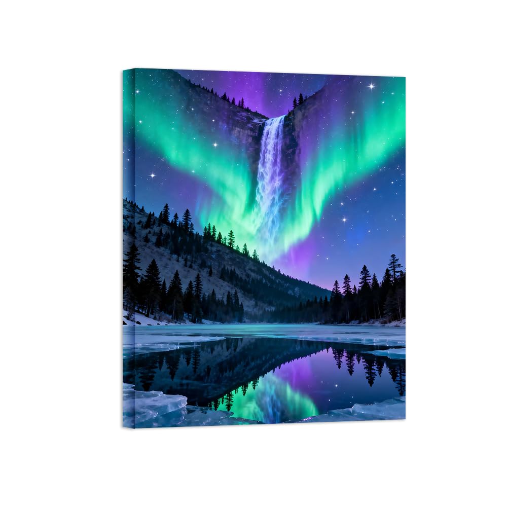 OZPWBVY Aurora Waterfall Landscape Canvas Prints Ready to Hang 70x90cm Wrapped Canvas