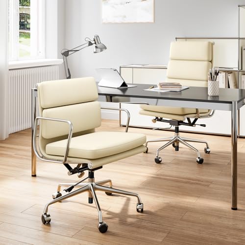 Image of High-Back Executive Genuine Leather Office Chair, with Aluminum Arms and 5-Star Base, Modern Rolling Desk Chair with Silent Wheels, Lumbar Support, High-Adjustable, Tilting for Home & Office