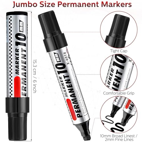 Image of Thenshop 48 Pcs Jumbo Size Permanent Markers Bulk Waterproof Chisel Tip Marker Pens for Industrial Use Work on Wood Metal Plastic Stone Glass(Black)
