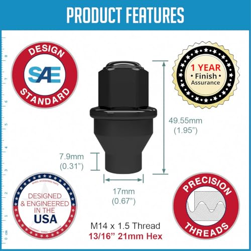Image of Wheel Accessories Parts 24 Pcs M14x1.5 14x1.5 Thread ET OEM Factory Style Lug Nuts 1.95 inch Long Black 13 /16 inch 21mm Hex Fits Ford 2015+ Expedition | F-150 | 2023+ Lightening | Lincoln 2015+ Navigator