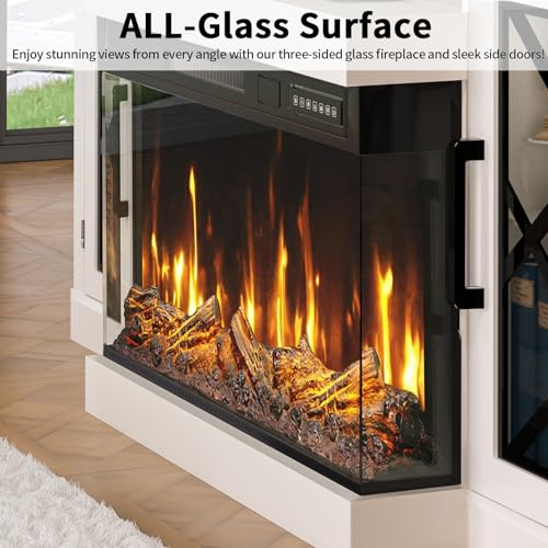 Image of BREEZEHEAT Fireplace TV Stand for TVs up to 70 inch, 3-Sided Electric Entertainment Center with 24 inch LED Fireplace, Media Console w /Storage Cabinet & Glass Doors, 59Inch, White