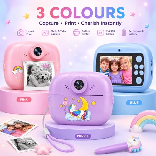 Image of Kids Instant Print Camera, 1080P HD Digital Video Camera with Built-in Thermal Printer, Fun Photo Camera for Boys & Girls (Purple)