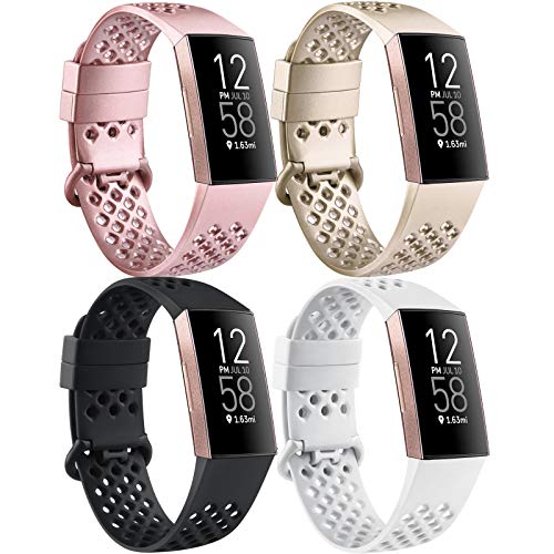 Mugust 4 Pack Sport Bands Compatible with Fitbit Charge 4 / Fitbit Charge 3 / Charge 3 SE, Silicone Breathable Replacement Wristband for Women Men, Black/White/Rose Gold/Gold, Small