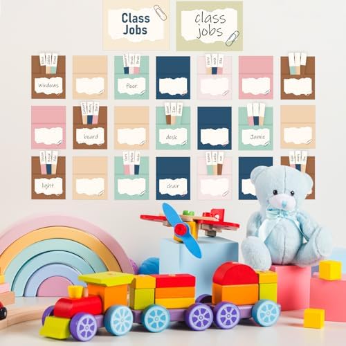 112PCS Boho Class Jobs Bulletin Board Set Colorful Class Jobs Pocket Chart Bulk Boho Class Management Educational Pocket Chart Teacher’s Helper Posters Classroom Decorations School Supplies