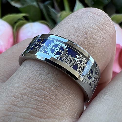 Tutiss 8Mm Blue Carbon Fiber Steampunk Gear Inlay Tungsten Carbide Rings For Men Women Wedding Bands Beveled Edges I Love You Engraved Comfort Fit Size 9 #TOP5
