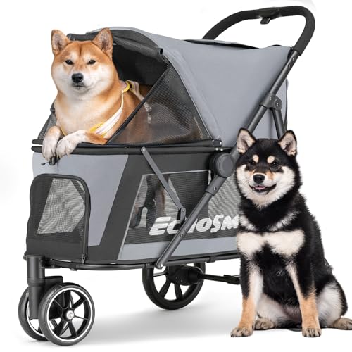 EchoSmile Passeggino pieghevole per cani di taglia media e grande fino a 40 kg, con finestra a rete, manico regolabile e 3 ruote fuoristrada (grigio + nero)